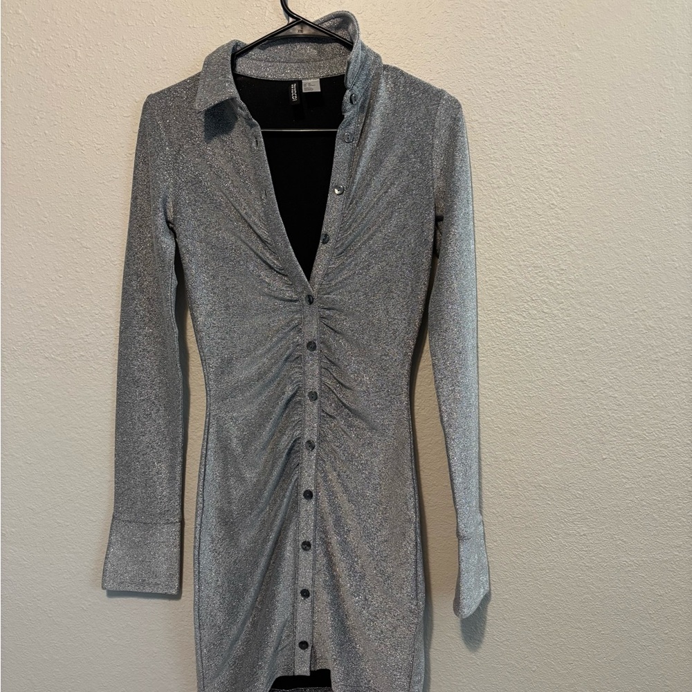 Divided Gray Long Sleeve Notched Collar Shirt Dress